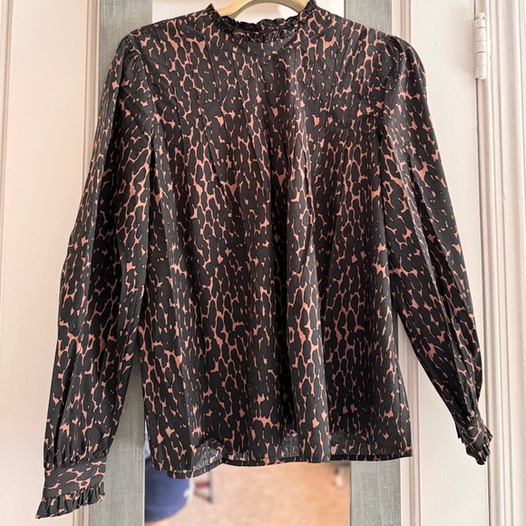 Rails Ariana Savannah Leopard Ruffle High Neck Print Long Sleeve Cotton Blouse - Picture 3 of 10